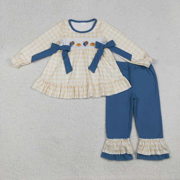 Turkey Pumpkin Yellow Plaid Blue Bows Girls Thanksgiving Outfits