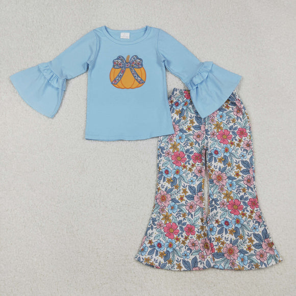 Bow Pattern Pumpkin Floral Ruffles Blue Girls Long Sleeve+Trousers Sets