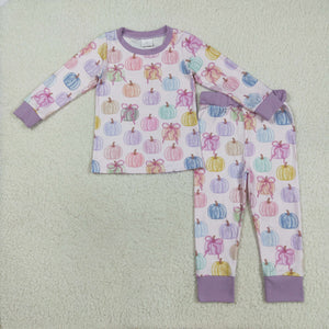 Bow Pattern Pumpkin Purple Girls Long Sleeve Pajamas