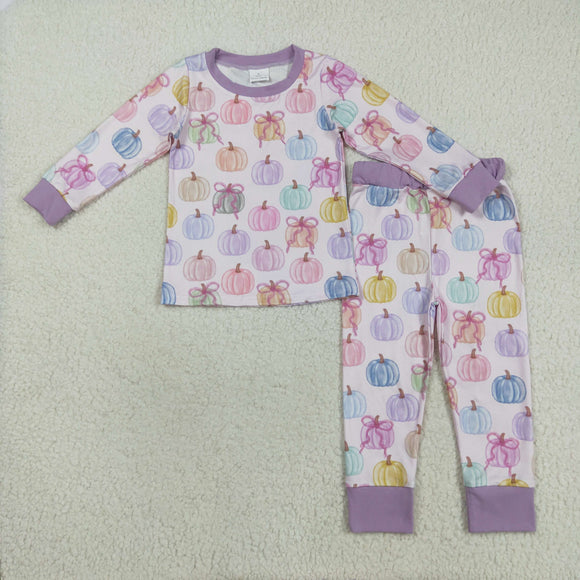 Bow Pattern Pumpkin Purple Girls Long Sleeve Pajamas