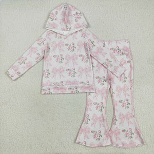 Floral Bow Pattern Pink Milk Silk Hoodie Yoga Pants Girls Long Sleeve+Trousers Sets