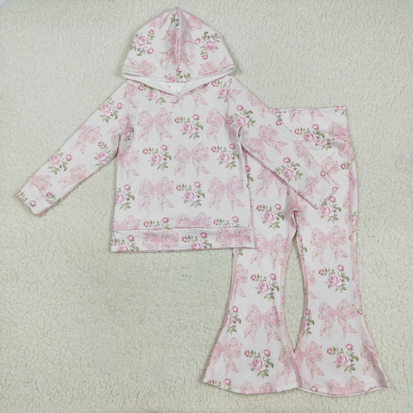 Floral Bow Pattern Pink Milk Silk Hoodie Yoga Pants Girls Long Sleeve+Trousers Sets