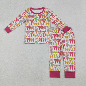 Stars Bow Pattern Hot Pink Girls Long Sleeve Pajamas
