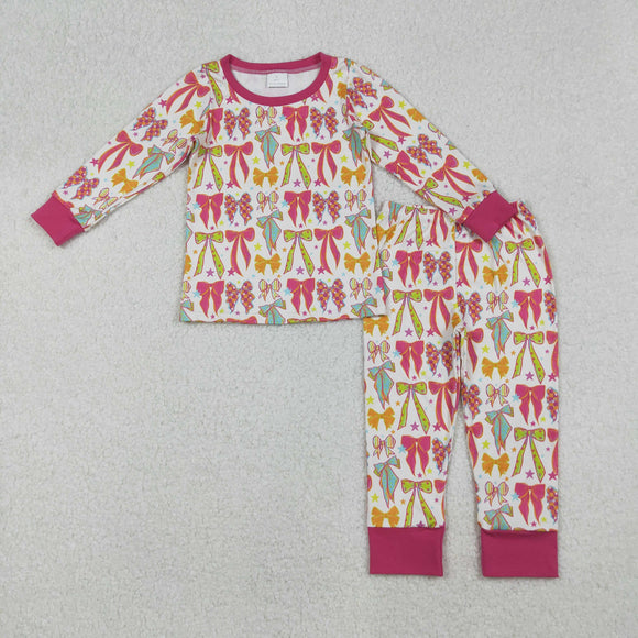 Stars Bow Pattern Hot Pink Girls Long Sleeve Pajamas