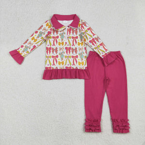 Stars Bow Pattern Zipper Hot Pink Girls Long Sleeve+Trousers Sets
