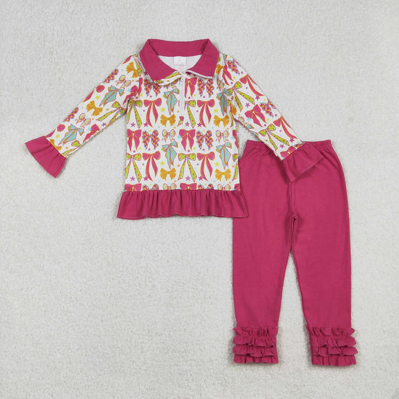 Stars Bow Pattern Zipper Hot Pink Girls Long Sleeve+Trousers Sets