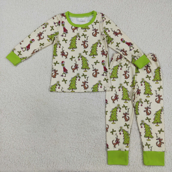 Cartoon Green Bow Pattern Boys Christmas Pajamas