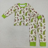 Cartoon Green Bow Pattern Boys Christmas Pajamas