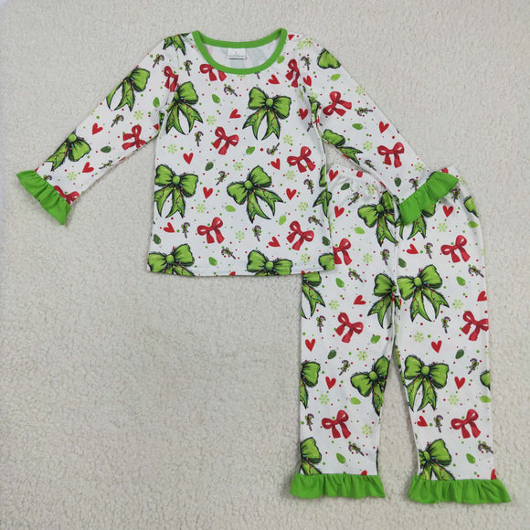 Bow Pattern Green Ruffles White Girls Christmas Pajamas
