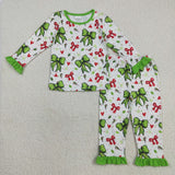 Bow Pattern Green Ruffles White Girls Christmas Pajamas