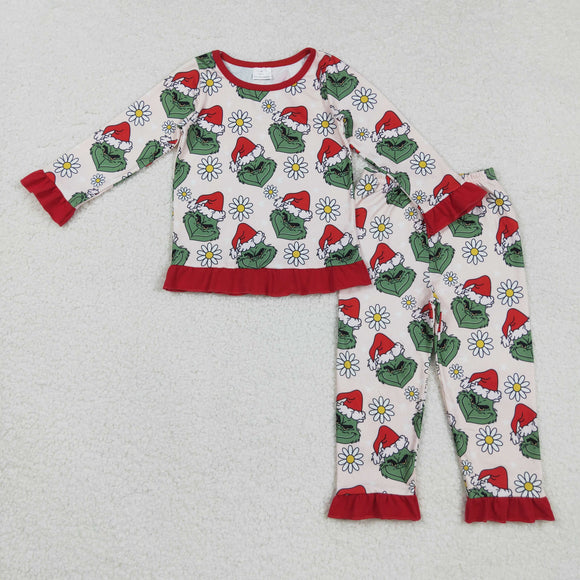 Cartoon Floral Red Ruffles Beige Girls Christmas Pajamas