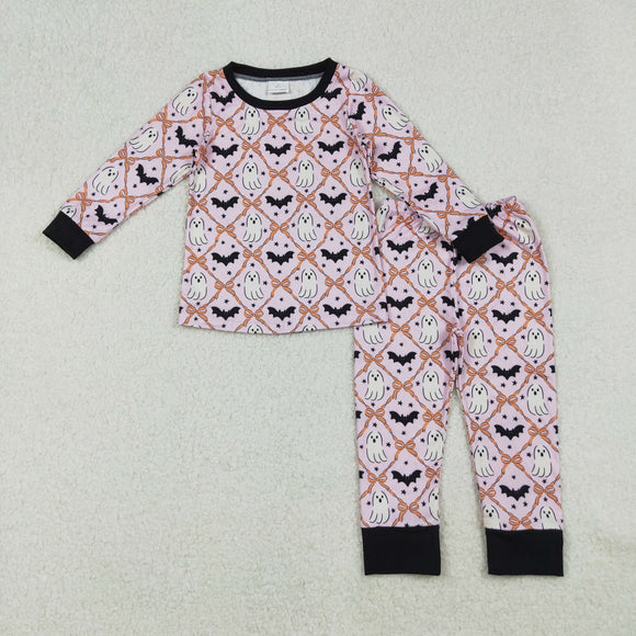 Bat Ghost Bow Pattern Pink Girls Halloween Pajamas