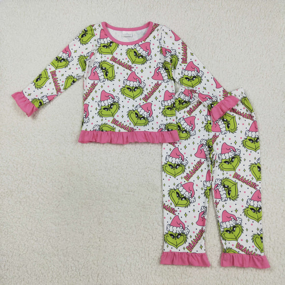 Cartoon Dramatic Pink Ruffles White Girls Christmas Pajamas