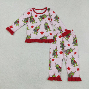 Cartoon Stars Red Ruffles Pink Girls Christmas Pajamas