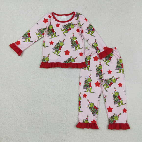 Cartoon Stars Red Ruffles Pink Girls Christmas Pajamas