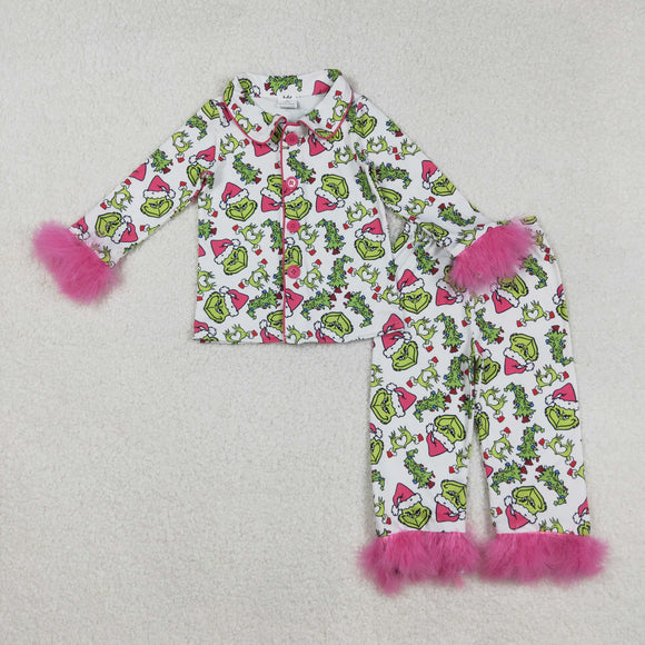 Kids Cartoon Hot Pink Furry Decoration White Mommy & Me Girls Christmas Pajamas