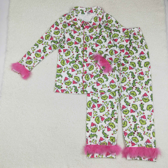 Mom Cartoon Hot Pink Furry Decoration White Mommy & Me Adult Christmas Pajamas