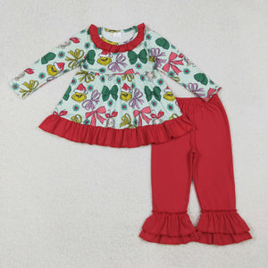 Cartoon Bow Pattern Floral Red Ruffles Green Girls Christmas Outfits
