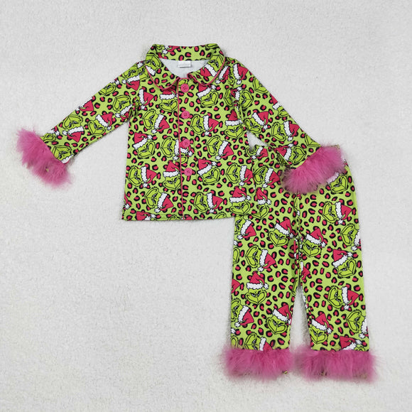 Cartoon Leopard Print Hot Pink Furry Decoration Green Girls Christmas Pajamas
