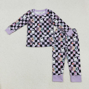 Boo Ghost Purple Black Plaid Girls Halloween Pajamas