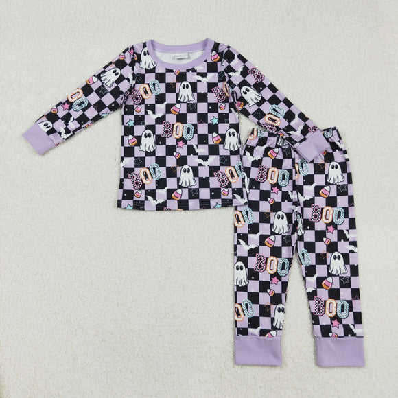 Boo Ghost Purple Black Plaid Girls Halloween Pajamas