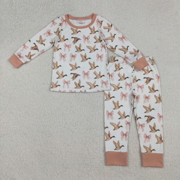 Duck Bow Pattern Pink White Girls Long Sleeve Pajamas