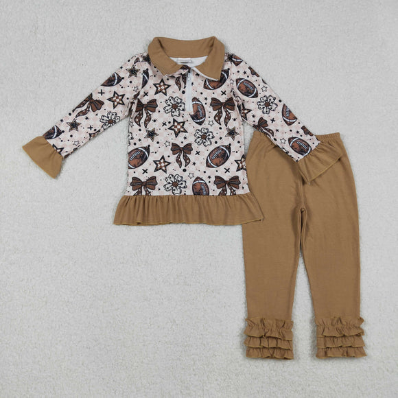 Floral Stars Football Zipper Brown Girls Long Sleeve+Trousers Sets