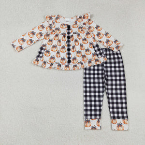 Plaid Bow Pattern Pumpkin Plaid Pockets White Girls Long Sleeve+Trousers Sets