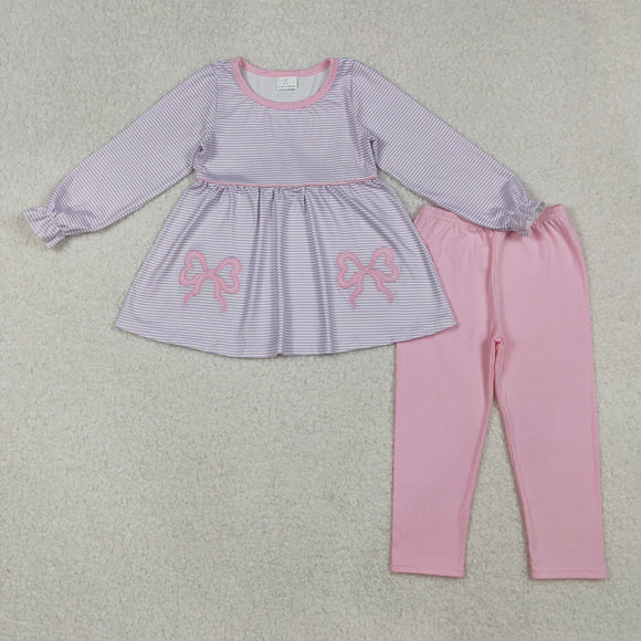 Bow Embroidery Purple Stripe Pink Girls Long Sleeve+Trousers Sets