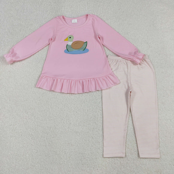 Duck Pink Ruffles Stripe Girls Long Sleeve+Trousers Sets