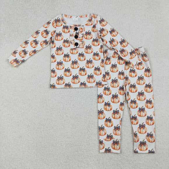 Plaid Bow Pattern Pumpkin Plaid White Girls Long Sleeve Pajamas