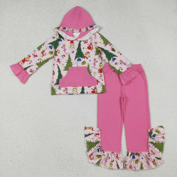 Cartoon Trees Pink Pocket Hoodie Sets Girls Christmas Outfits