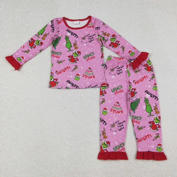 Cartoon Red Ruffles Hot Pink Girls Christmas Pajamas