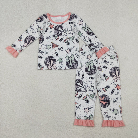 Bow Pattern New Year Pink Girls Long Sleeve Pajamas