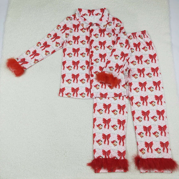 Mom Santa Bow Pattern Pink Red Furry Decoration Adult Christmas Pajamas