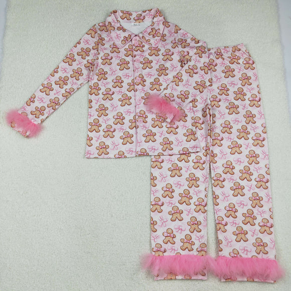 Mom Gingerbread Bow Pattern Pink Furry Decoration Adult Christmas Pajamas