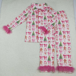 Mom Gingerbread Bow Pattern Hot Pink Furry Decoration Adult Christmas Pajamas