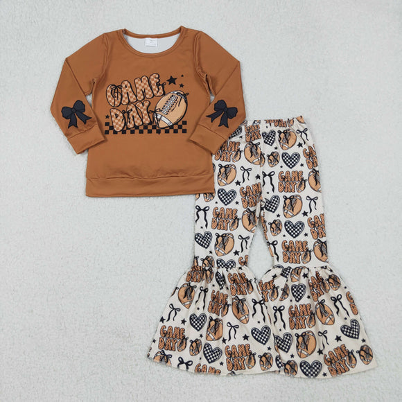 Football Game Day Bow Pattern Brown Girls Long Sleeve+Trousers Sets