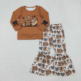 Football Game Day Bow Pattern Brown Girls Long Sleeve+Trousers Sets