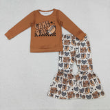 Football Game Day Bow Pattern Brown Girls Long Sleeve+Trousers Sets