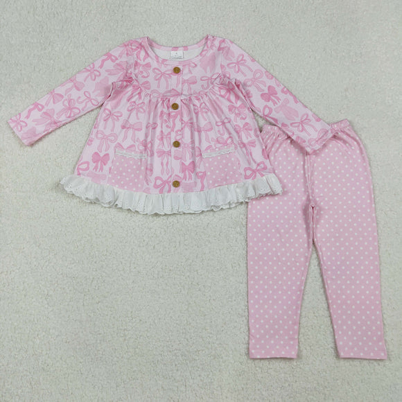 Bow Pattern Dots Pockets Lace Ruffles Pink Girls Long Sleeve+Trousers Sets