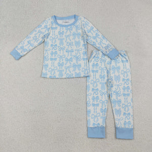 Blue Bow Pattern Girls Long Sleeve Pajamas