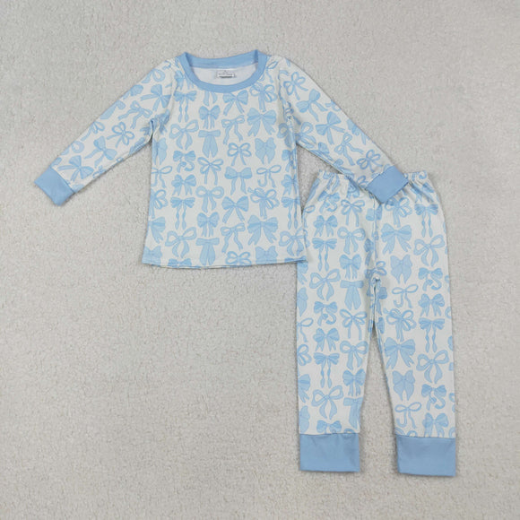 Blue Bow Pattern Girls Long Sleeve Pajamas