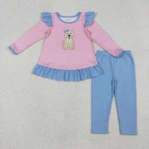 Bow Dog Pink Stripe Blue Ruffles Girls Long Sleeve+Trousers Sets