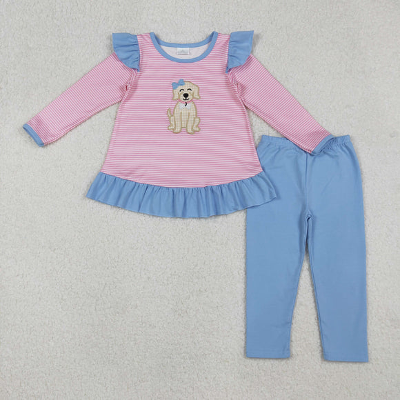 Bow Dog Pink Stripe Blue Ruffles Girls Long Sleeve+Trousers Sets