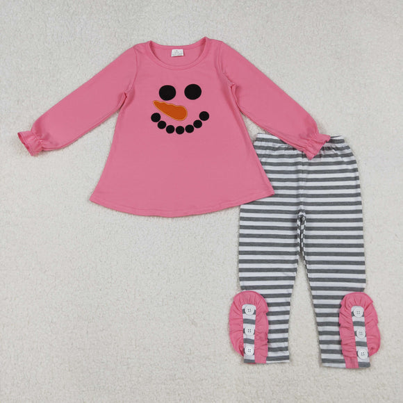 Snowman Gray Stripe Pink Girls Christmas Pajamas