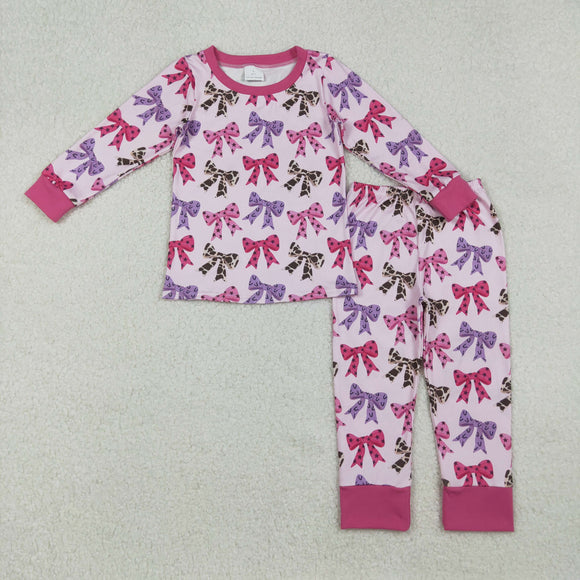 Cowhide Stars Bow Pattern Girls Long Sleeve Pajamas