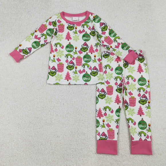 Cartoon Pink White Girls Christmas Pajamas