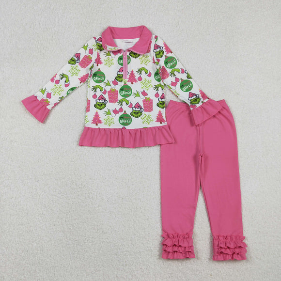 Cartoon Gift Pink White Zipper Girls Christmas Outfits