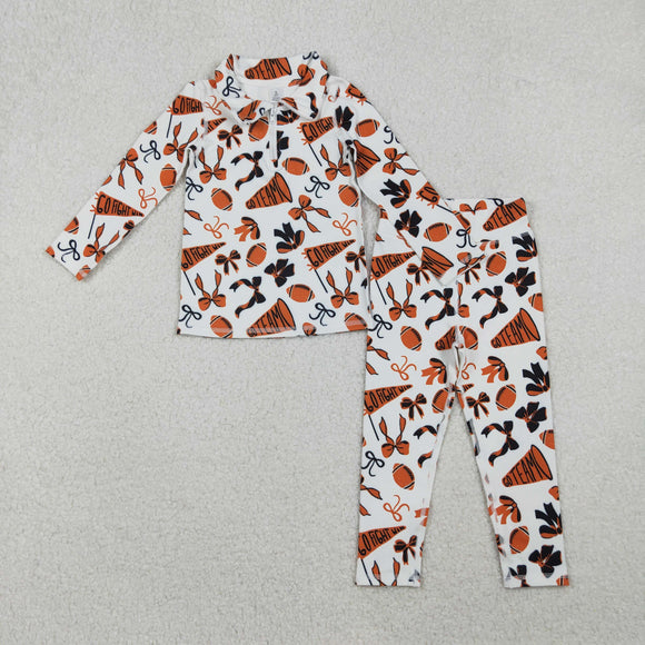 Go Team Football Orange White Athletic Yoga Girls Long Sleeve+Trousers Sets